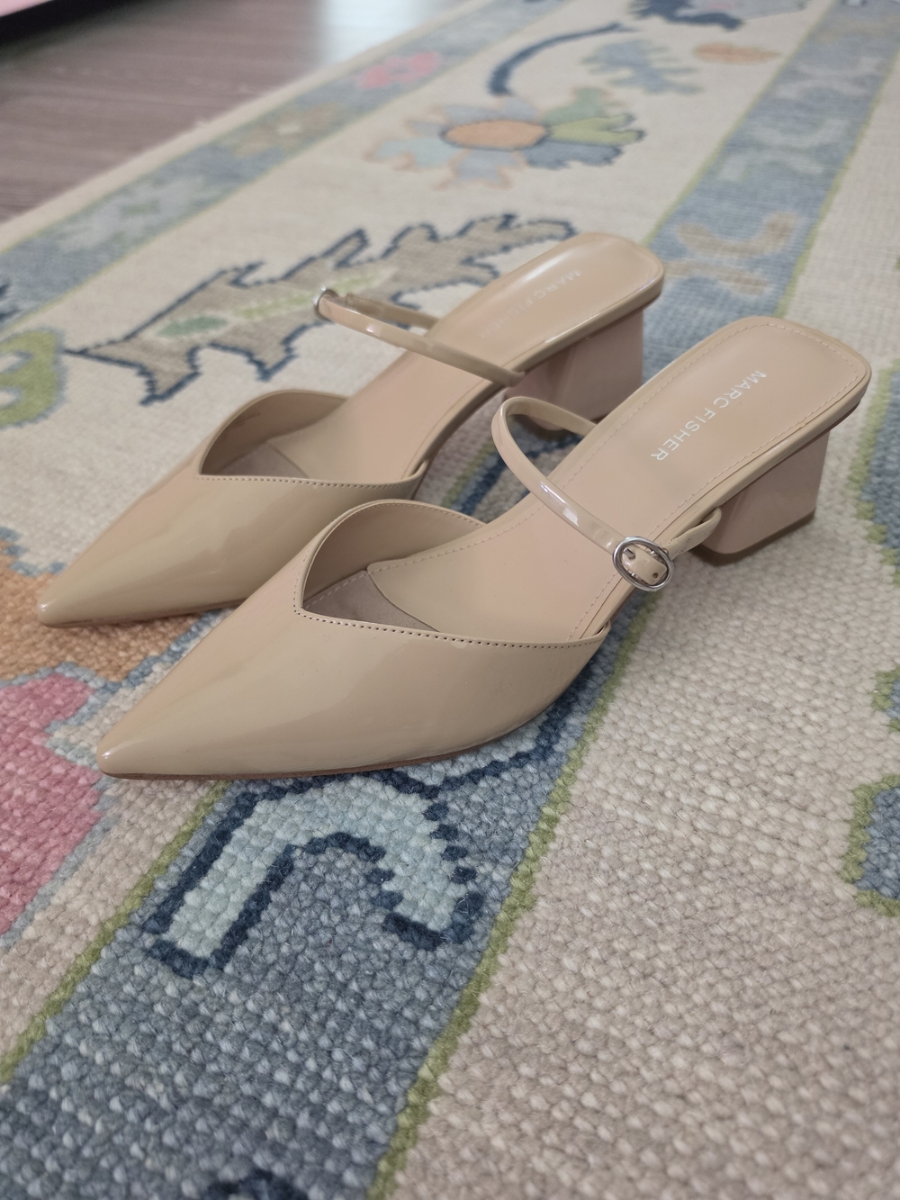 Marc Fisher Nude Patent Pointed-Toe Block Heel Mules